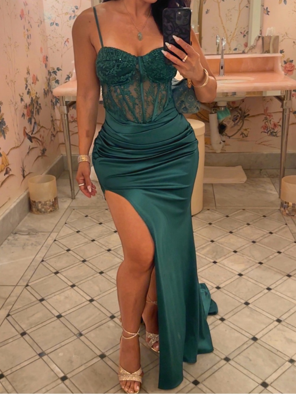 Windsor Teal Lace Bustier High-Slit Satin Gown